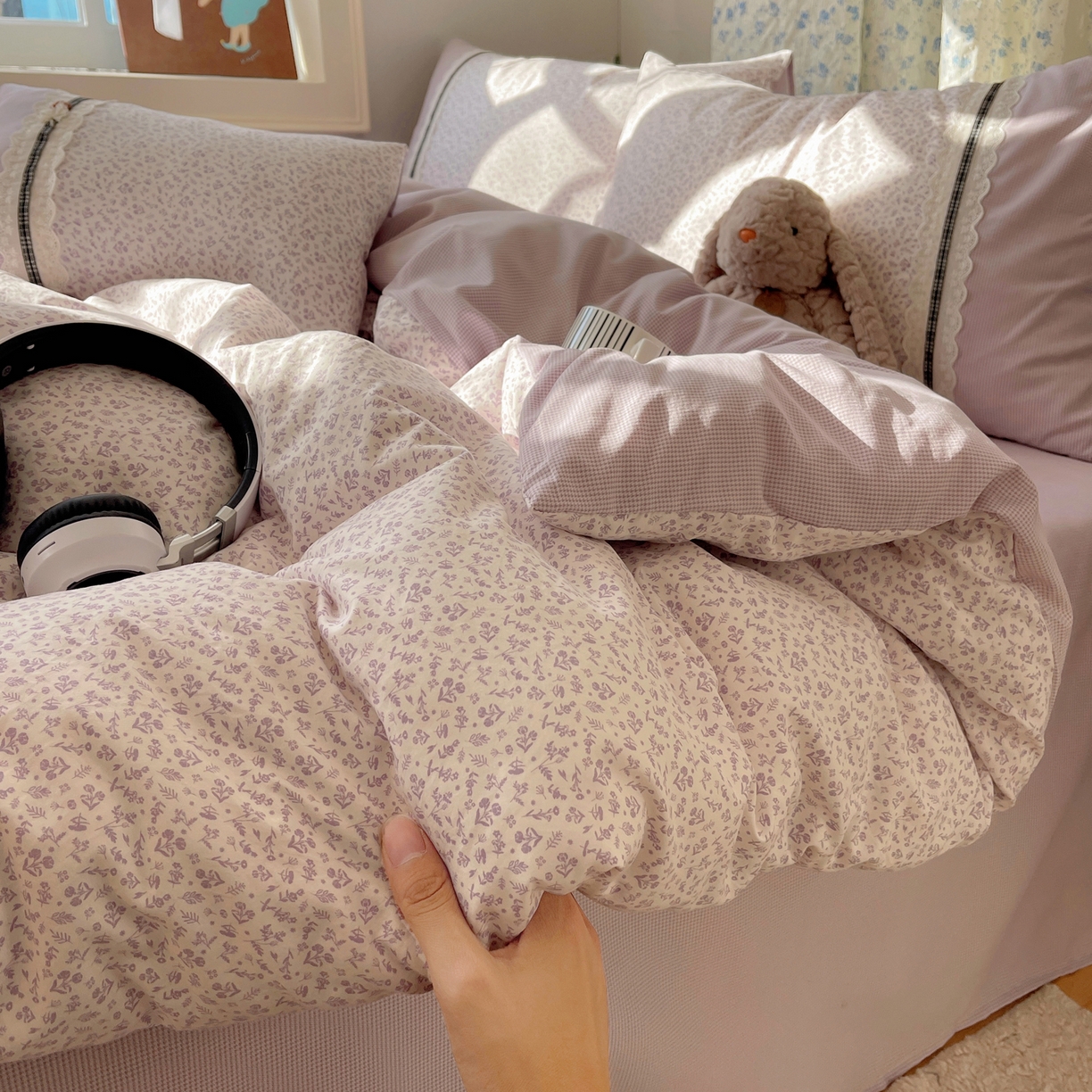 91家纺网 家纺一手货源 找家纺 栩裕纺织 2026新款仿棉水洗棉四件套 花漾格调-浅紫