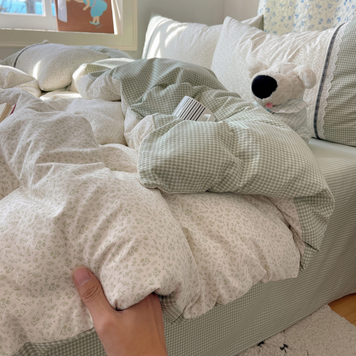 91家纺网 家纺一手货源 找家纺 栩裕纺织 2026新款仿棉水洗棉四件套 花漾格调-浅绿