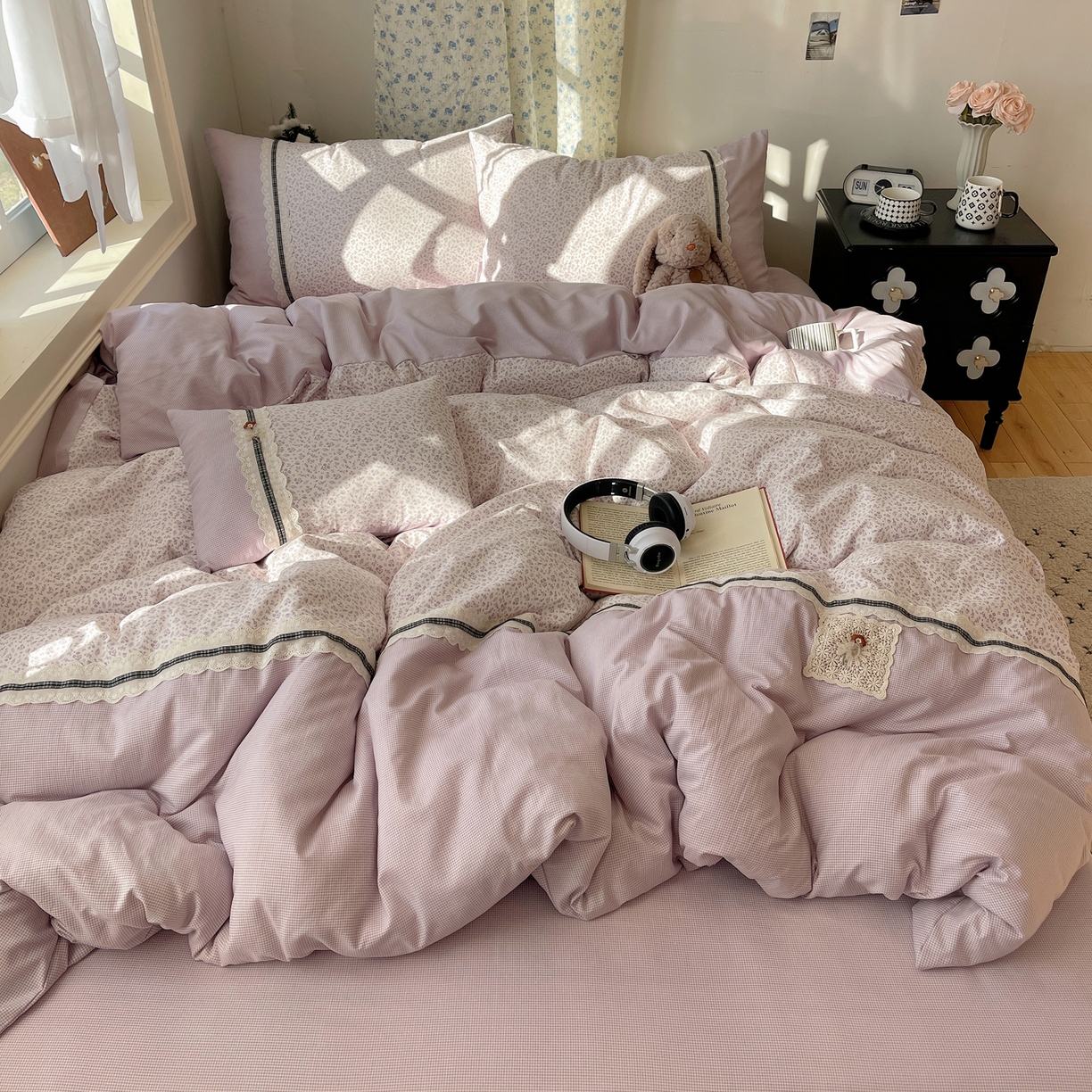 91家纺网 家纺一手货源 找家纺 栩裕纺织 2026新款仿棉水洗棉四件套 花漾格调-浅紫