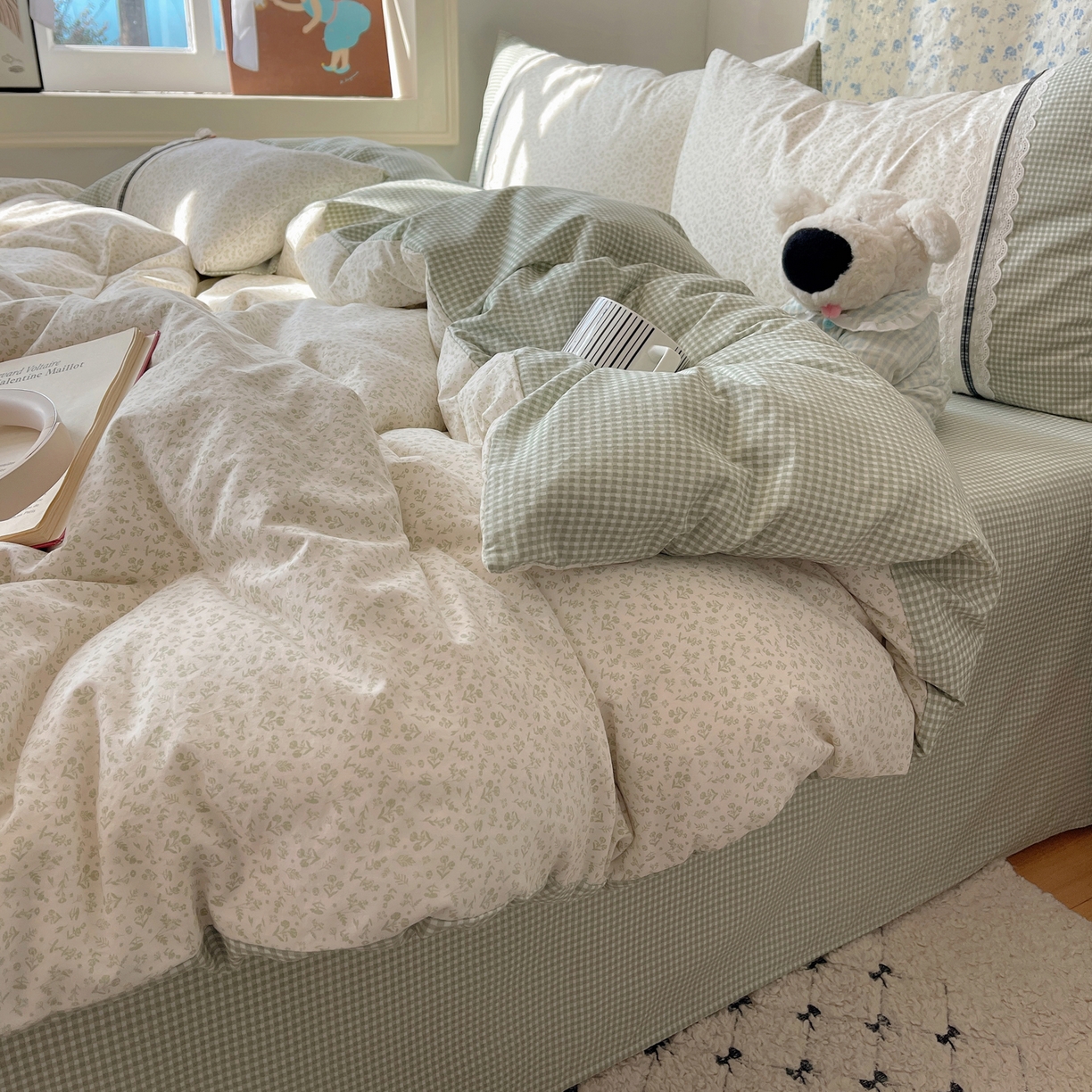 91家纺网 家纺一手货源 找家纺 栩裕纺织 2026新款仿棉水洗棉四件套 花漾格调-浅绿