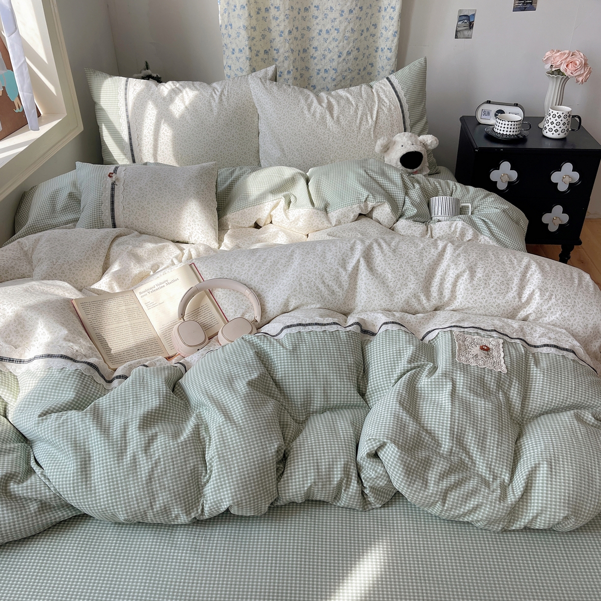 91家纺网 家纺一手货源 找家纺 栩裕纺织 2026新款仿棉水洗棉四件套 花漾格调-浅绿