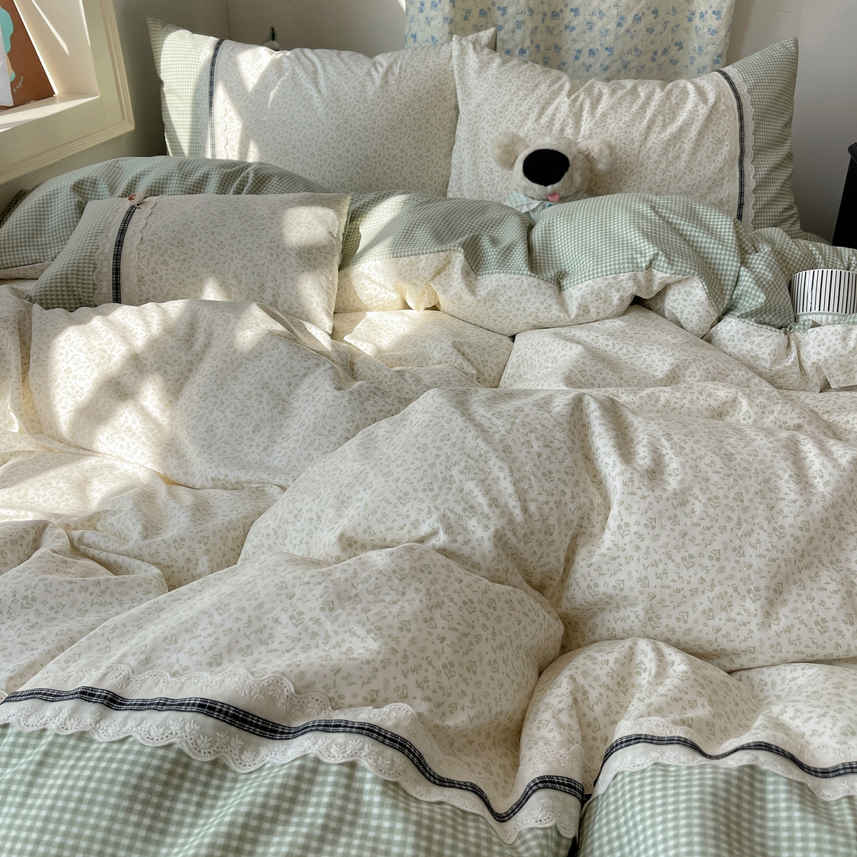 91家纺网 家纺一手货源 找家纺 栩裕纺织 2026新款仿棉水洗棉四件套 花漾格调-浅绿