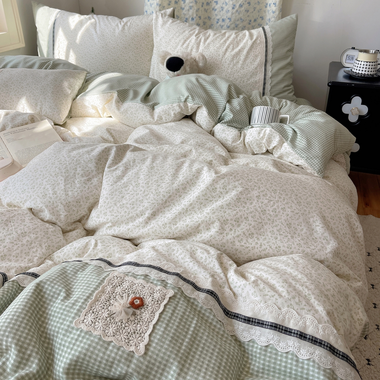 91家纺网 家纺一手货源 找家纺 栩裕纺织 2026新款仿棉水洗棉四件套 花漾格调-浅绿