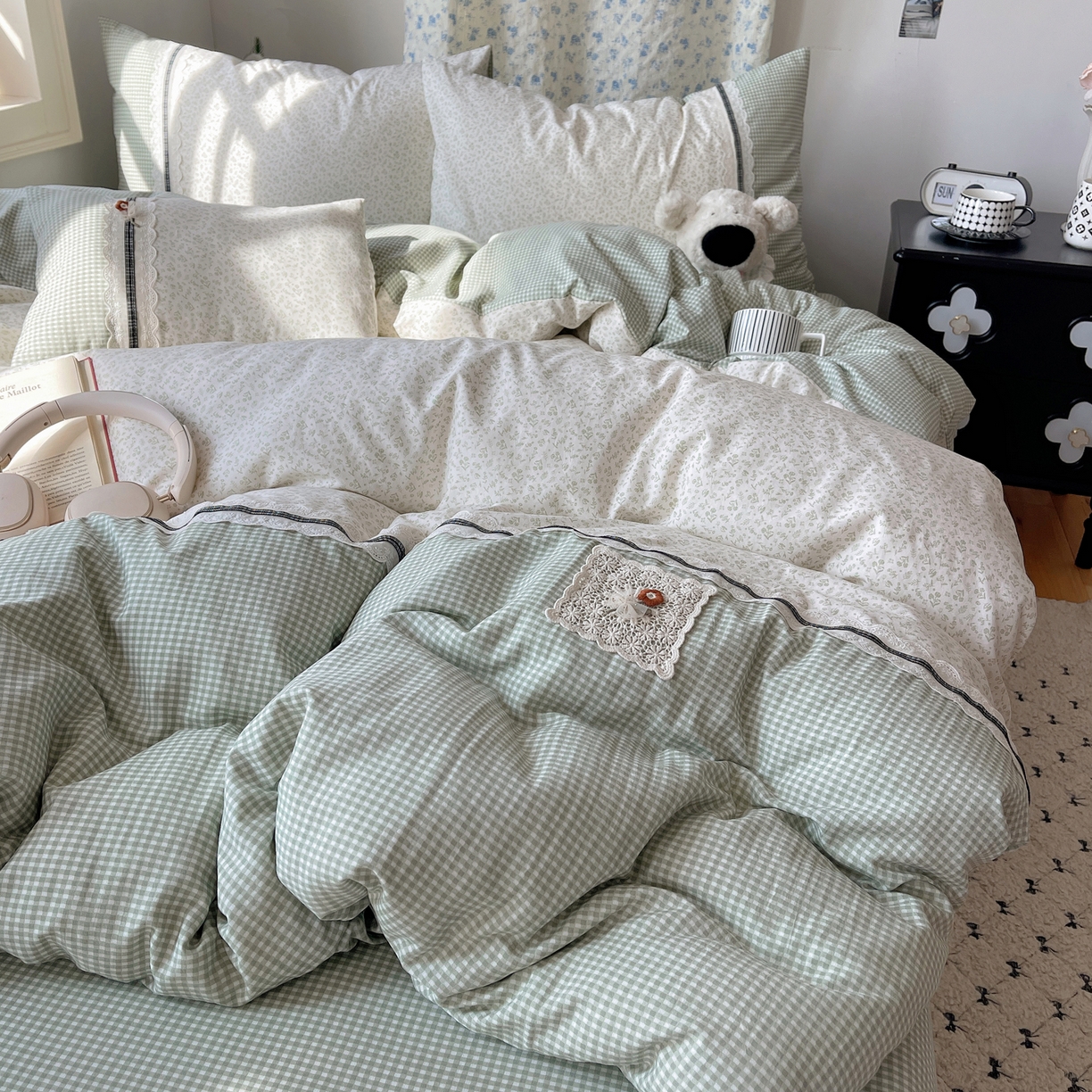 91家纺网 家纺一手货源 找家纺 栩裕纺织 2026新款仿棉水洗棉四件套 花漾格调-浅绿