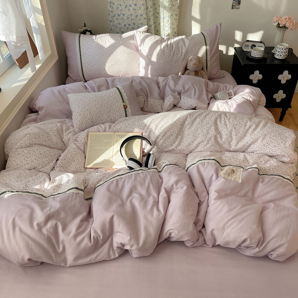 91家纺网 家纺一手货源 找家纺 栩裕纺织 2026新款仿棉水洗棉四件套 花漾格调-浅紫