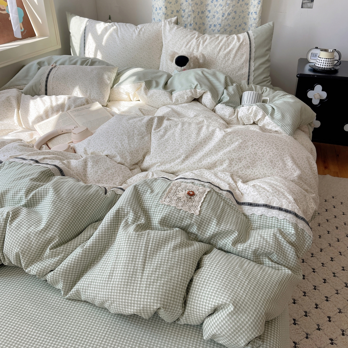 91家纺网 家纺一手货源 找家纺 栩裕纺织 2026新款仿棉水洗棉四件套 花漾格调-浅绿