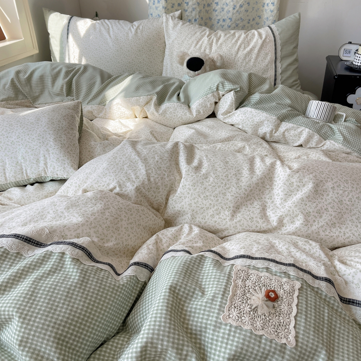 91家纺网 家纺一手货源 找家纺 栩裕纺织 2026新款仿棉水洗棉四件套 花漾格调-浅绿