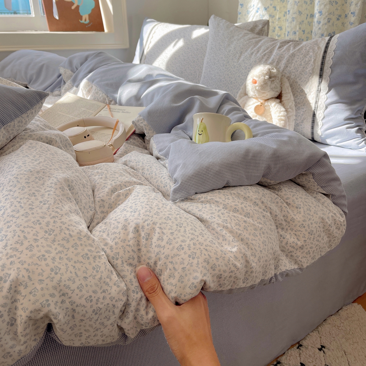 91家纺网 家纺一手货源 找家纺 栩裕纺织 2026新款仿棉水洗棉四件套 花漾格调-雾蓝