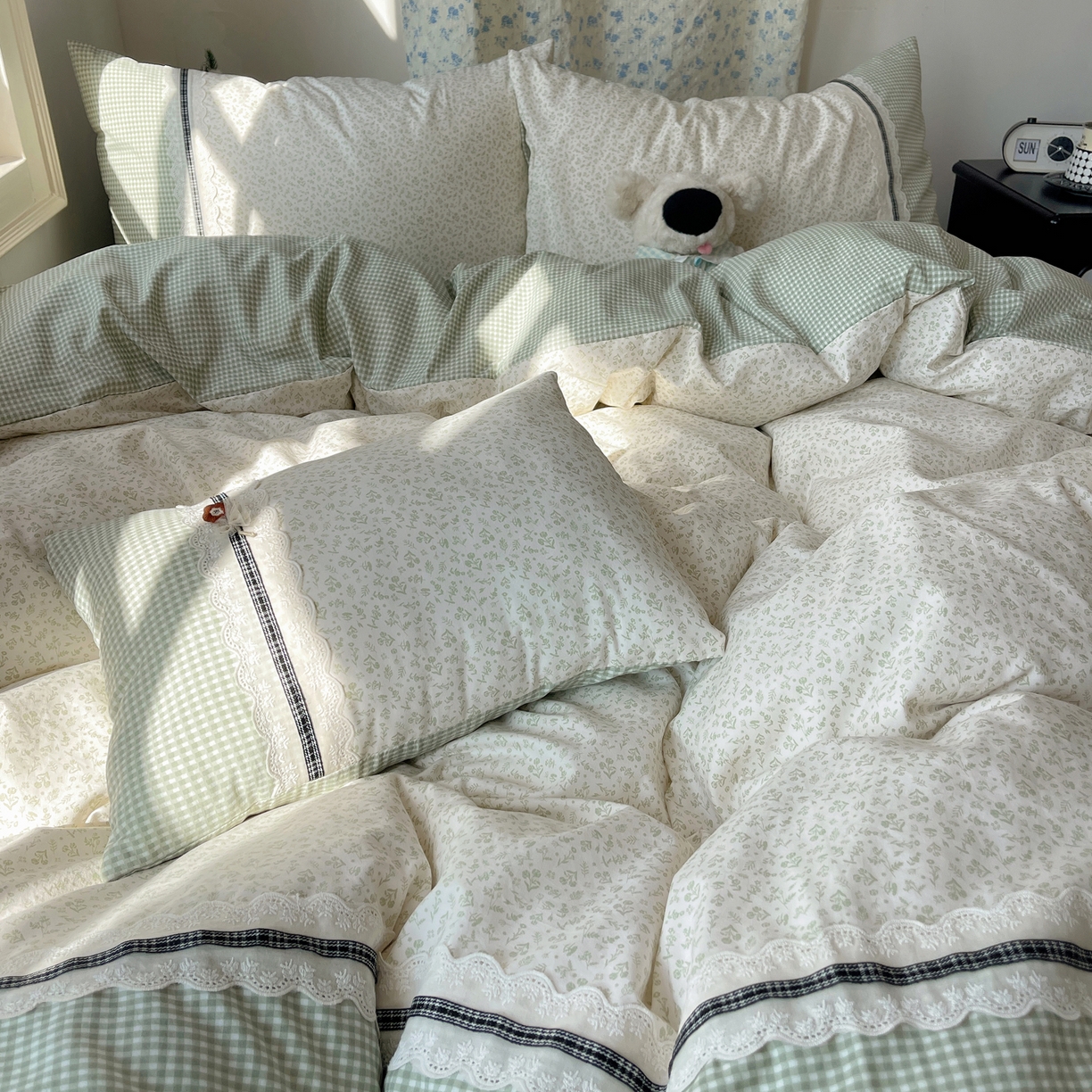 91家纺网 家纺一手货源 找家纺 栩裕纺织 2026新款仿棉水洗棉四件套 花漾格调-浅绿