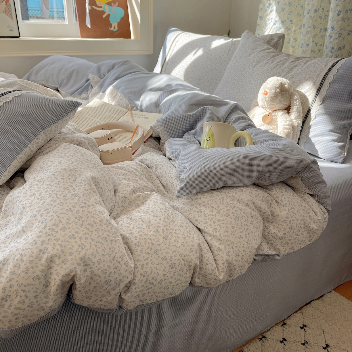 91家纺网 家纺一手货源 找家纺 栩裕纺织 2026新款仿棉水洗棉四件套 花漾格调-雾蓝