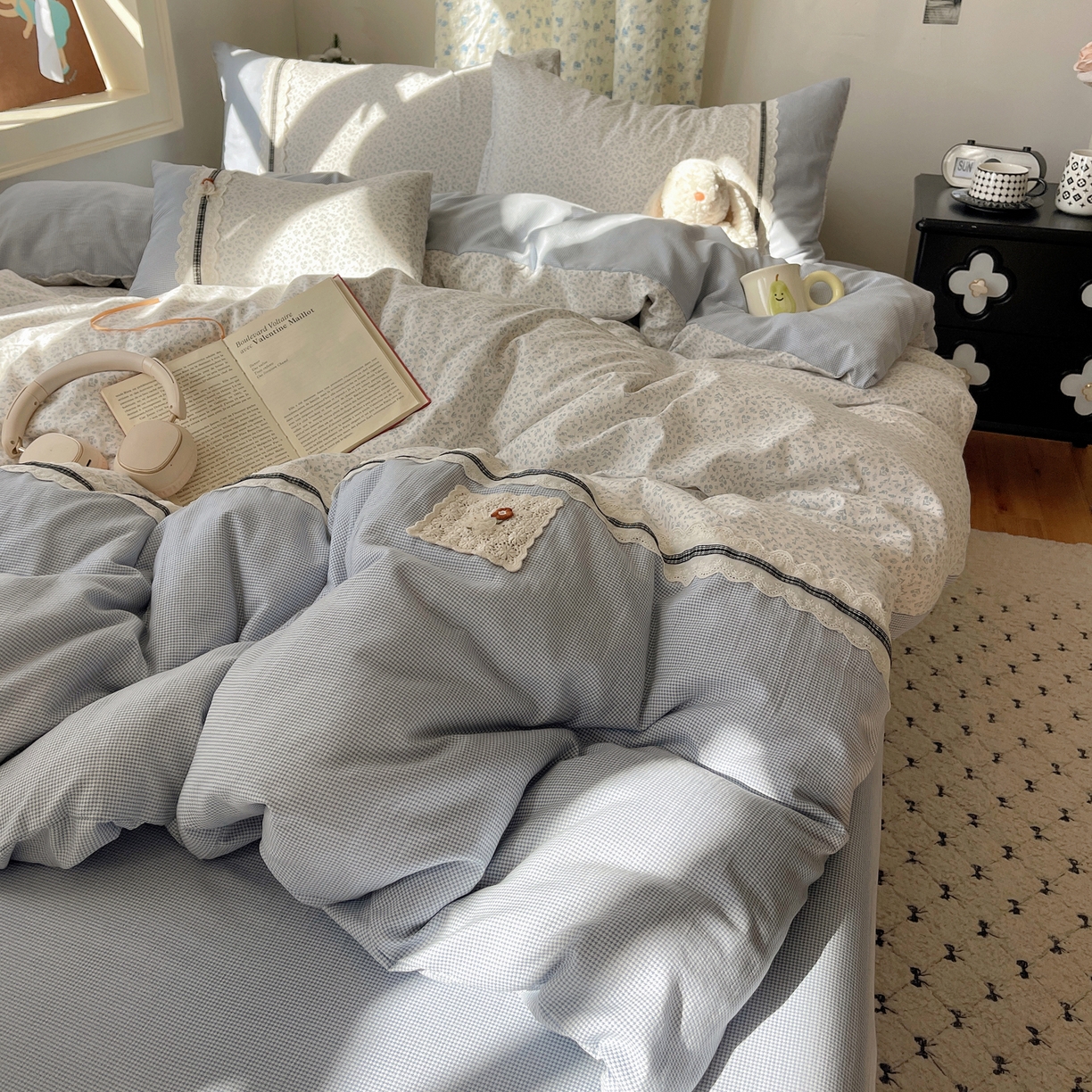 91家纺网 家纺一手货源 找家纺 栩裕纺织 2026新款仿棉水洗棉四件套 花漾格调-雾蓝