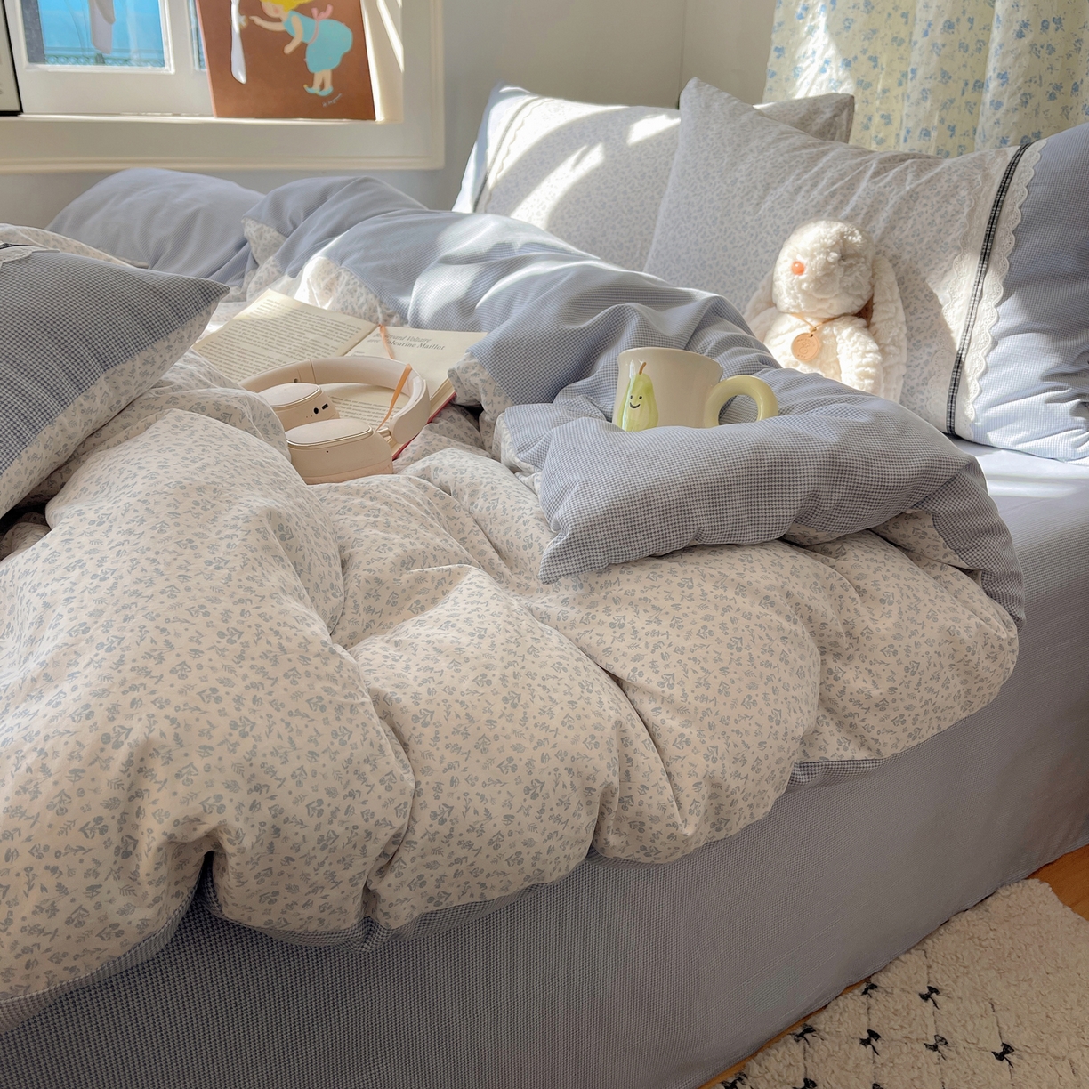 91家纺网 家纺一手货源 找家纺 栩裕纺织 2026新款仿棉水洗棉四件套 花漾格调-雾蓝