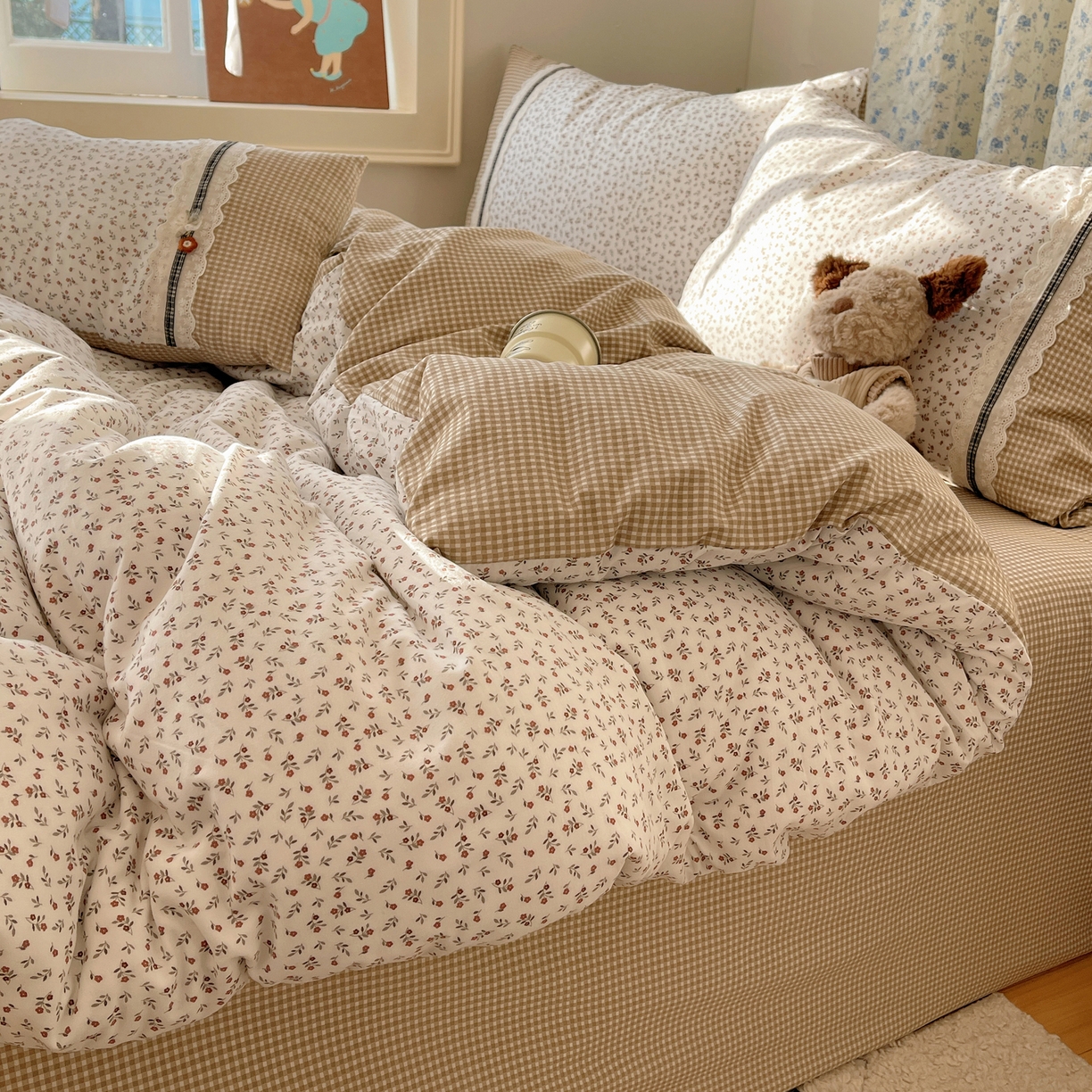 91家纺网 家纺一手货源 找家纺 栩裕纺织 2026新款仿棉水洗棉四件套 花漾格调-卡其