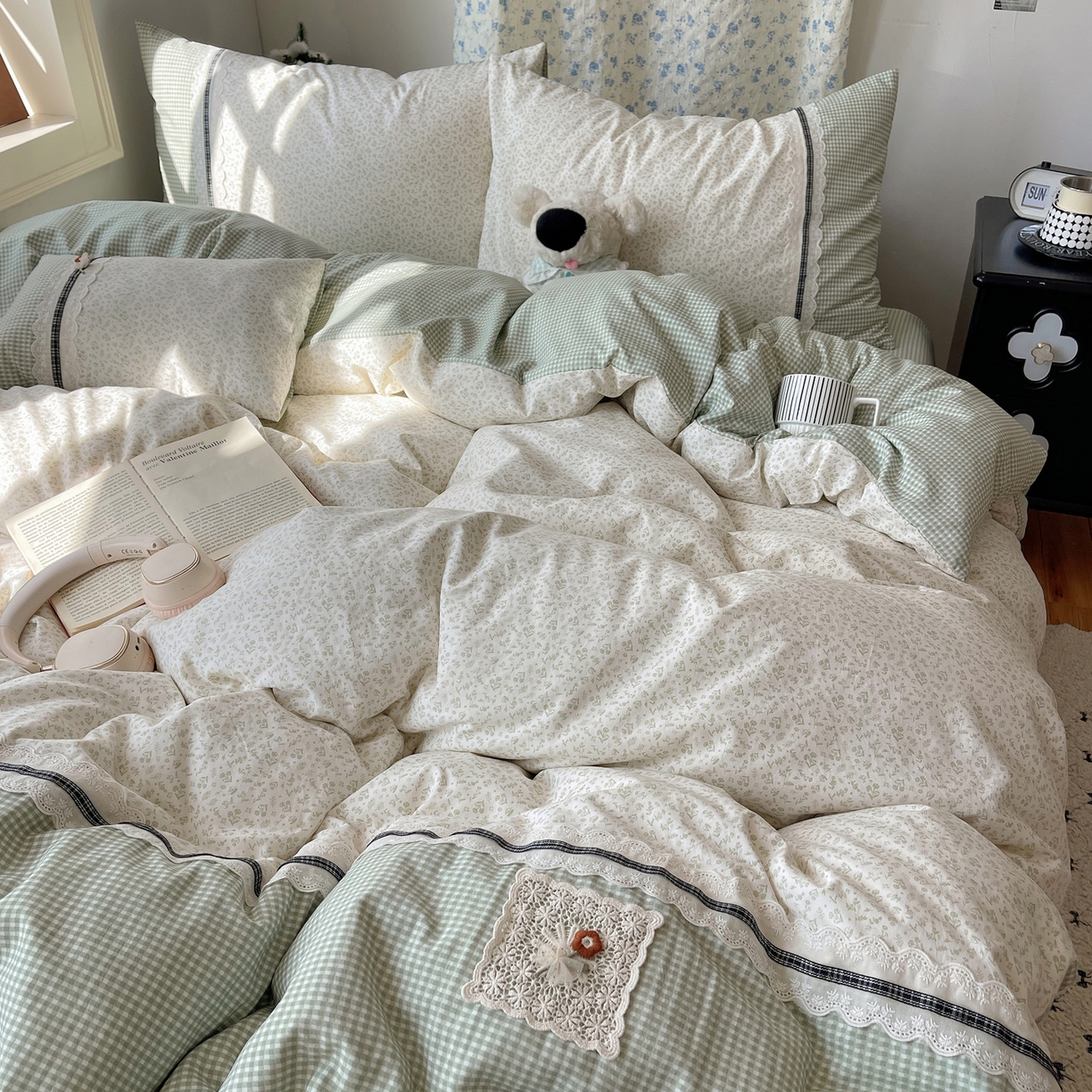 91家纺网 家纺一手货源 找家纺 栩裕纺织 2026新款仿棉水洗棉四件套 花漾格调-浅绿