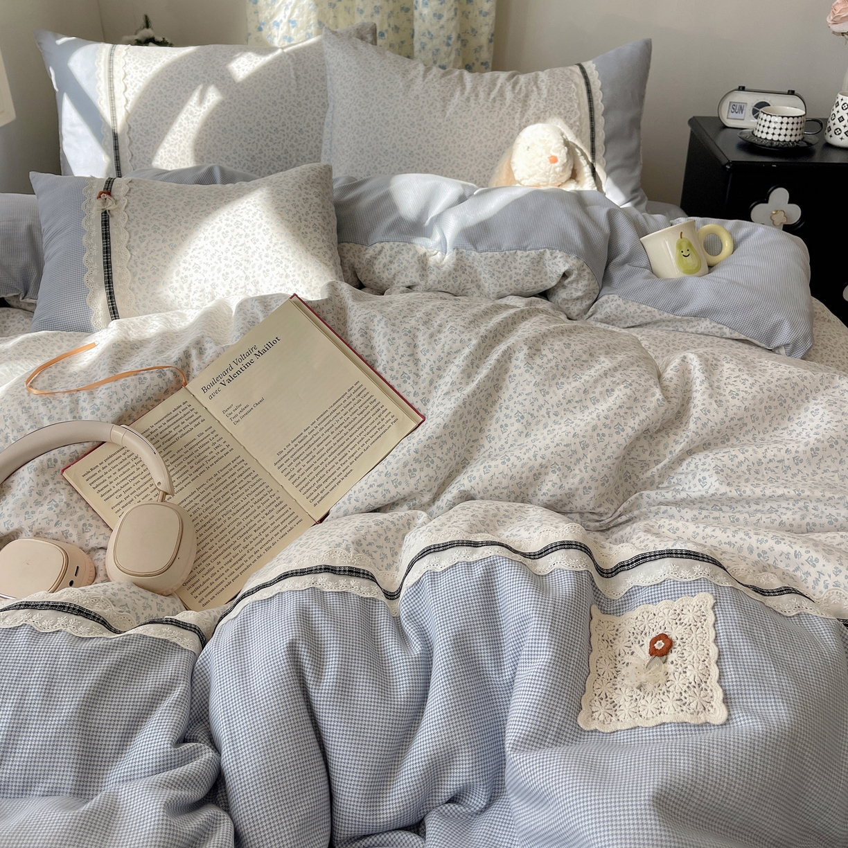 91家纺网 家纺一手货源 找家纺 栩裕纺织 2026新款仿棉水洗棉四件套 花漾格调-雾蓝