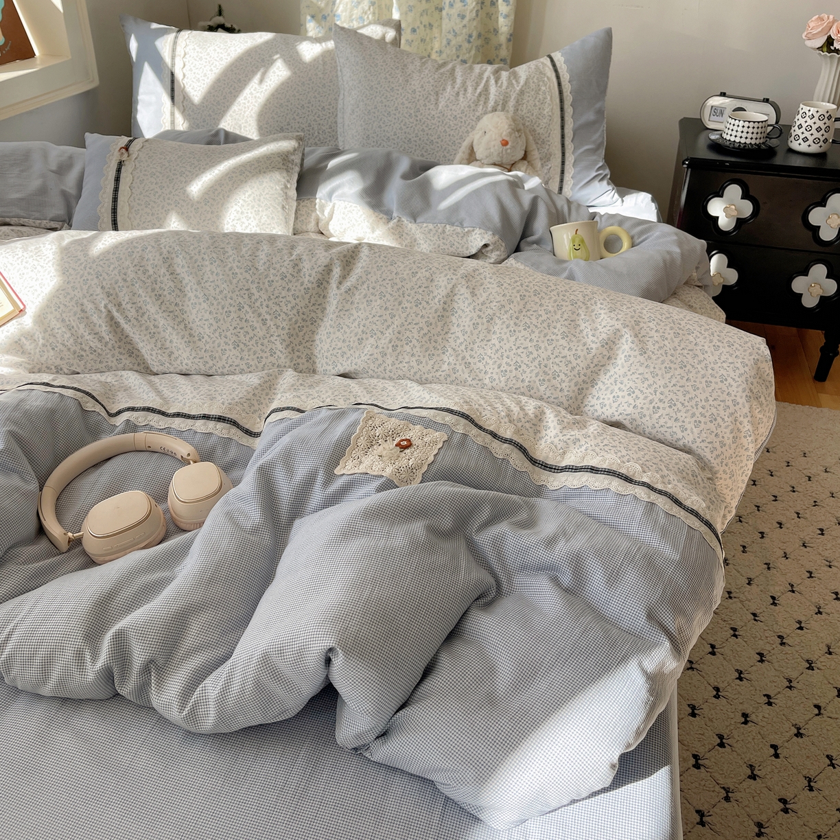 91家纺网 家纺一手货源 找家纺 栩裕纺织 2026新款仿棉水洗棉四件套 花漾格调-雾蓝