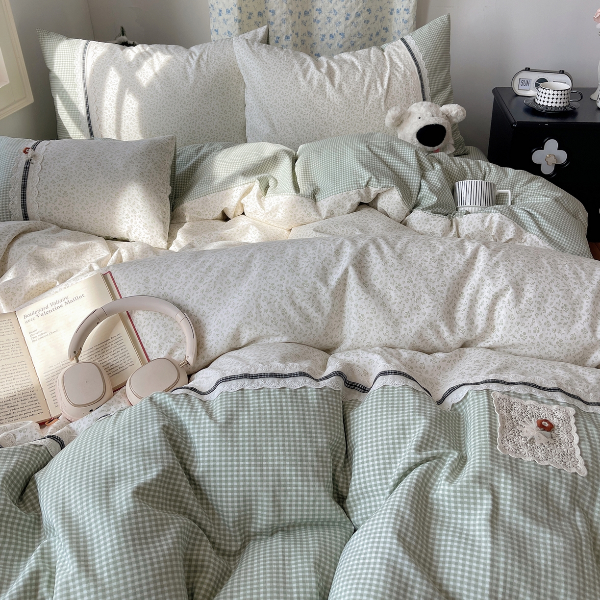 91家纺网 家纺一手货源 找家纺 栩裕纺织 2026新款仿棉水洗棉四件套 花漾格调-浅绿