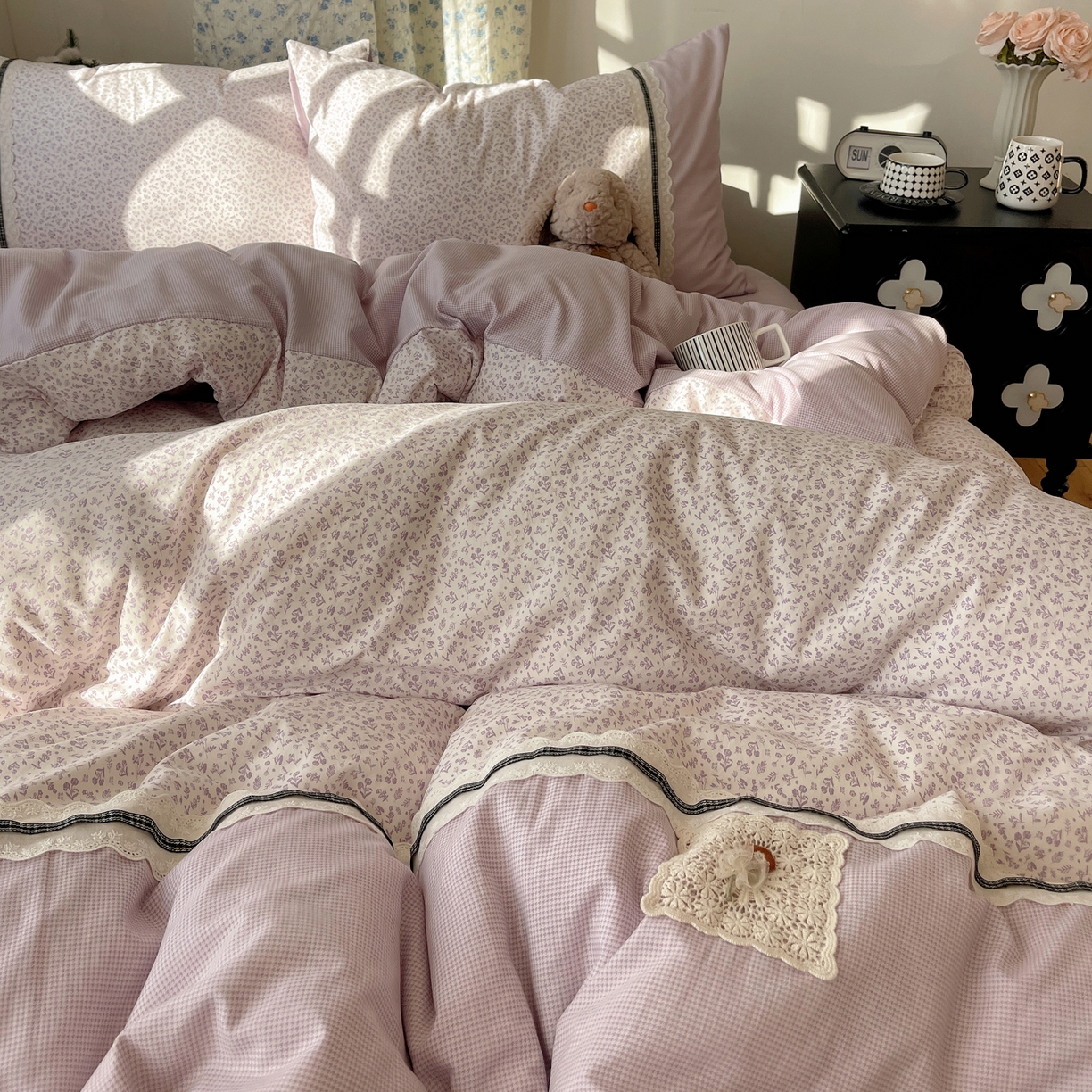 91家纺网 家纺一手货源 找家纺 栩裕纺织 2026新款仿棉水洗棉四件套 花漾格调-浅紫