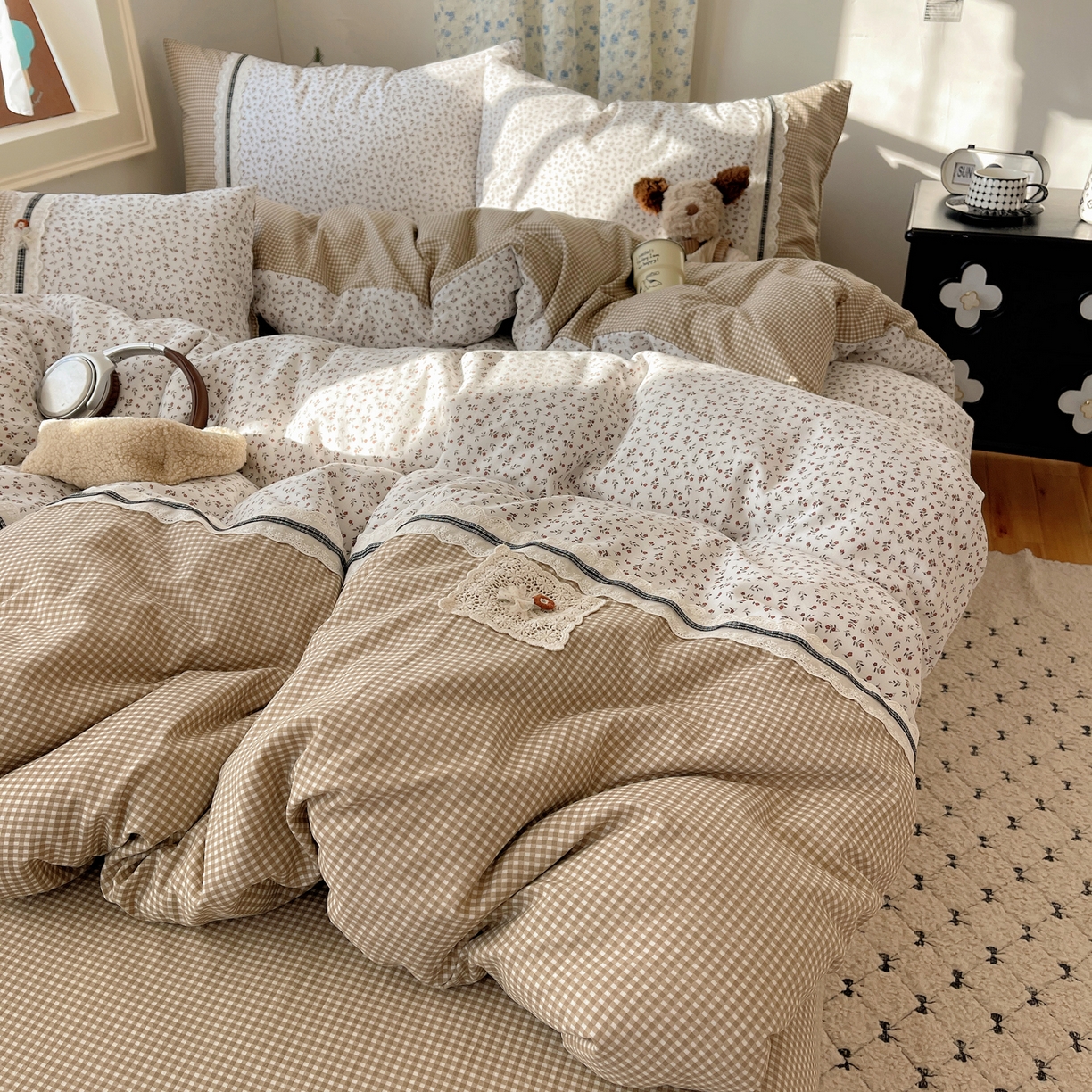 91家纺网 家纺一手货源 找家纺 栩裕纺织 2026新款仿棉水洗棉四件套 花漾格调-卡其