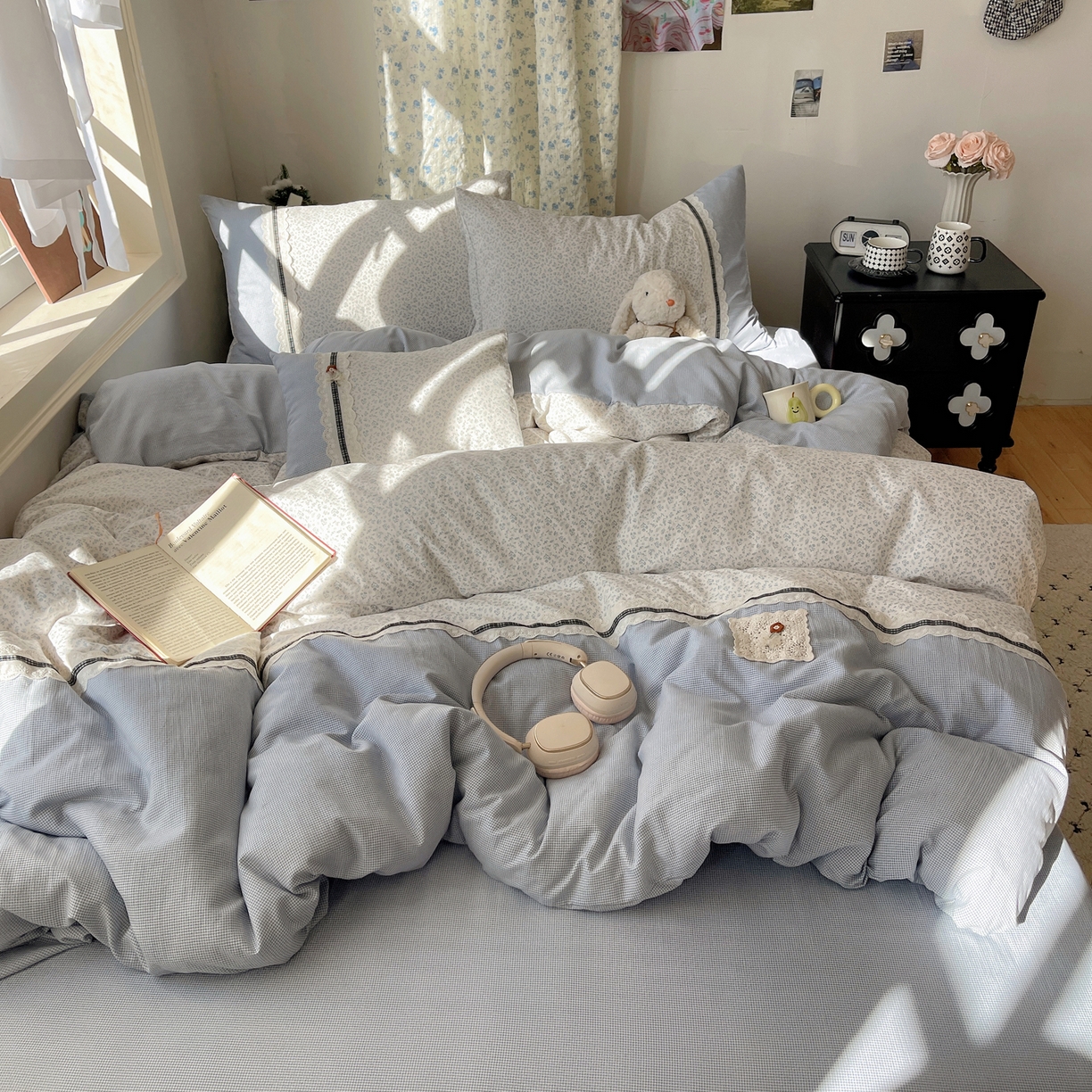 91家纺网 家纺一手货源 找家纺 栩裕纺织 2026新款仿棉水洗棉四件套 花漾格调-雾蓝