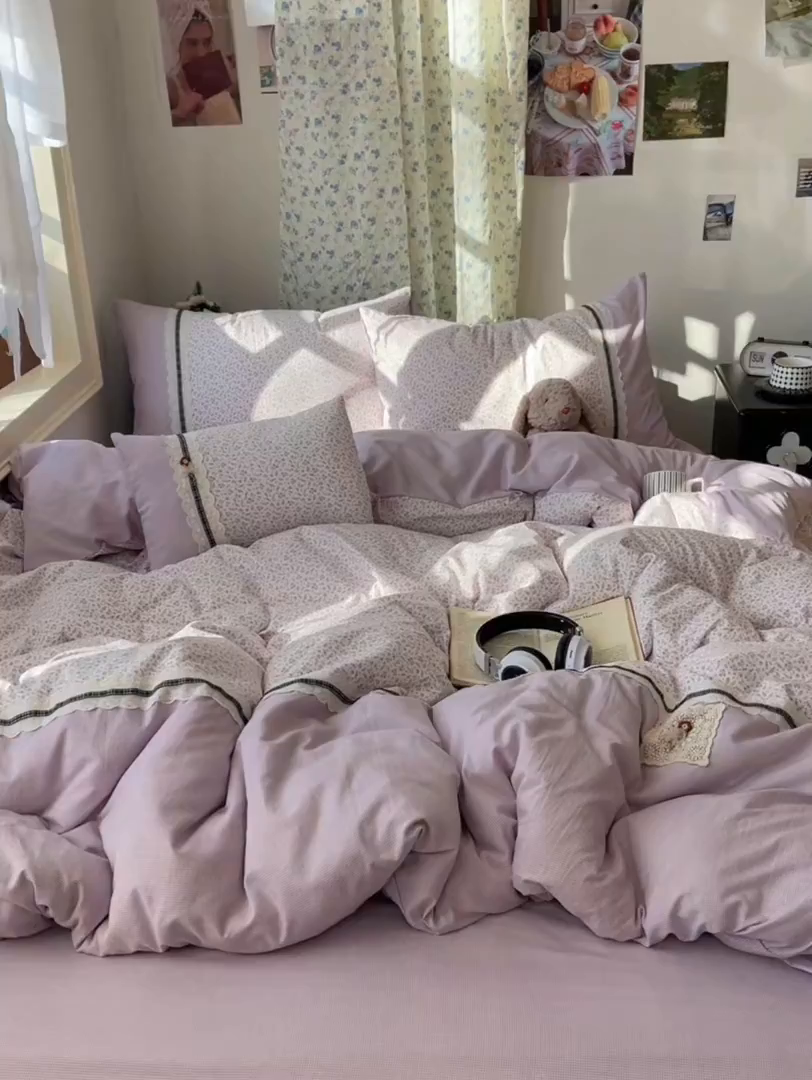 91家纺网 家纺一手货源 找家纺 栩裕纺织 2026新款仿棉水洗棉四件套 花漾格调-浅紫