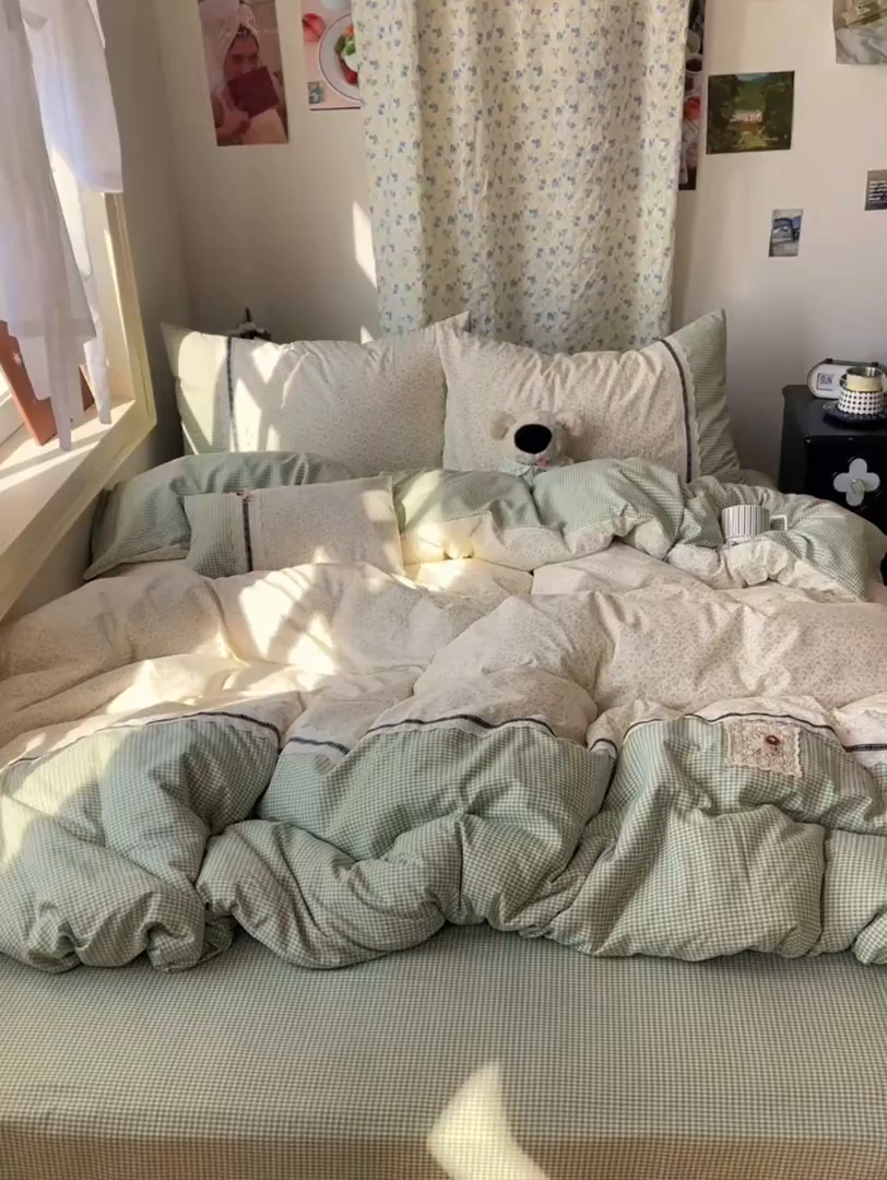 91家纺网 家纺一手货源 找家纺 栩裕纺织 2026新款仿棉水洗棉四件套 花漾格调-浅绿