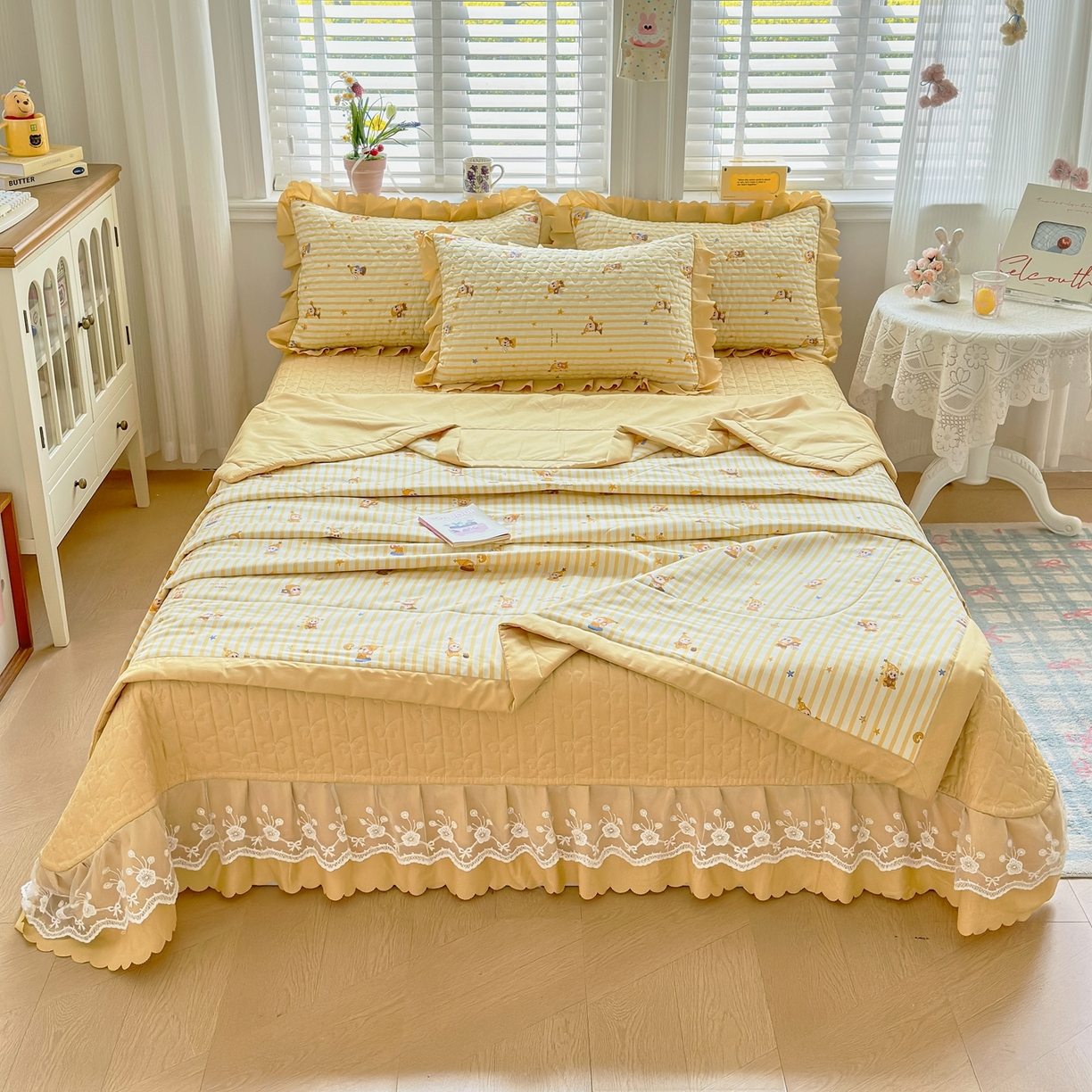 91家纺网 家纺一手货源 找家纺 雅眠居 2026新款直播爆款古法仿棉双层蕾丝花边床盖四件套 AB版-小福星