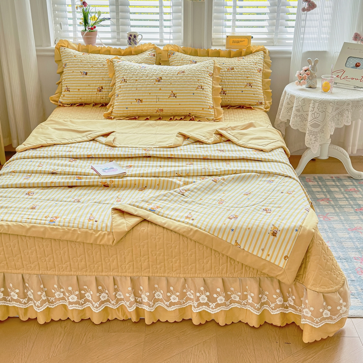 91家纺网 家纺一手货源 找家纺 雅眠居 2026新款直播爆款古法仿棉双层蕾丝花边床盖四件套 AB版-小福星