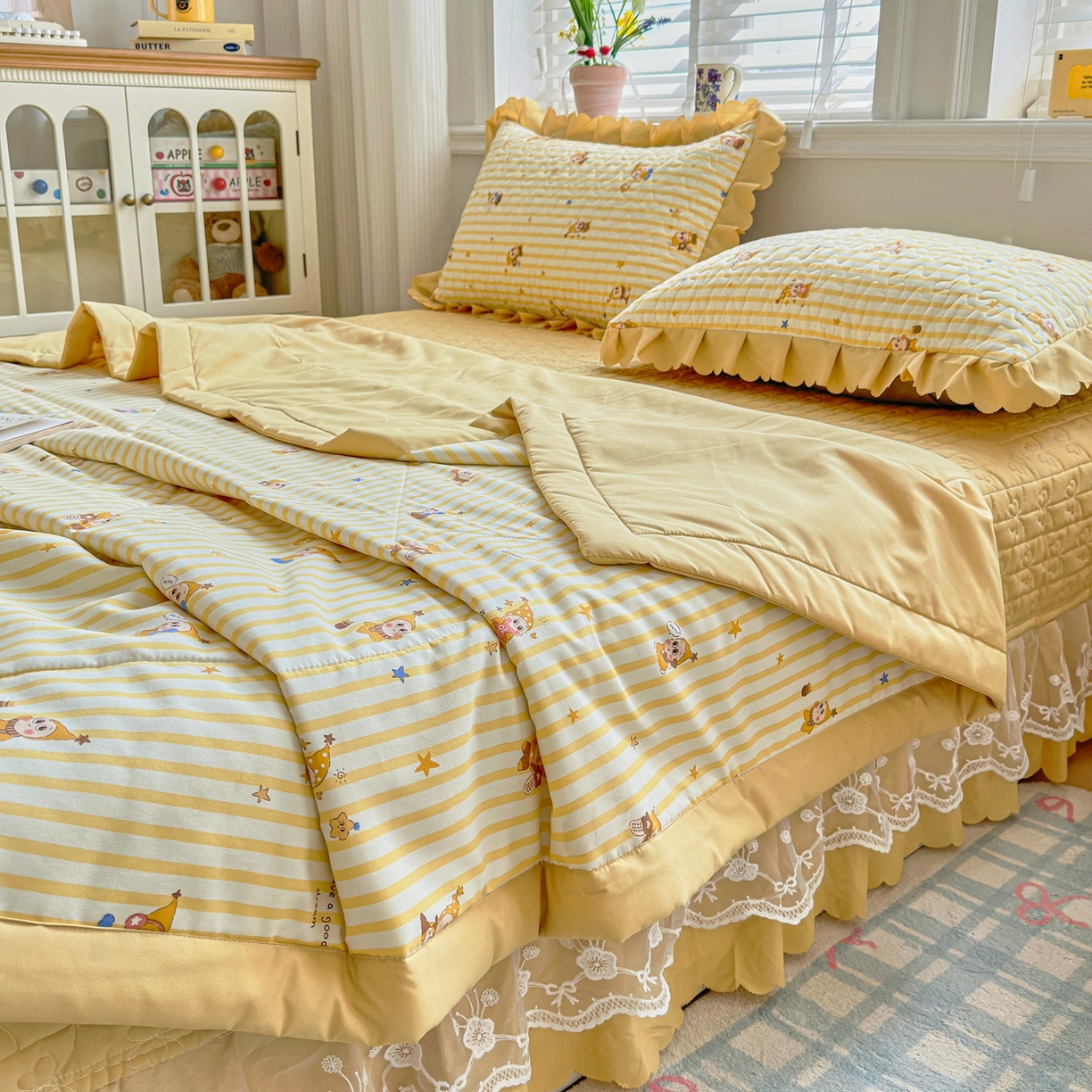 91家纺网 家纺一手货源 找家纺 雅眠居 2026新款直播爆款古法仿棉双层蕾丝花边床盖四件套 AB版-小福星