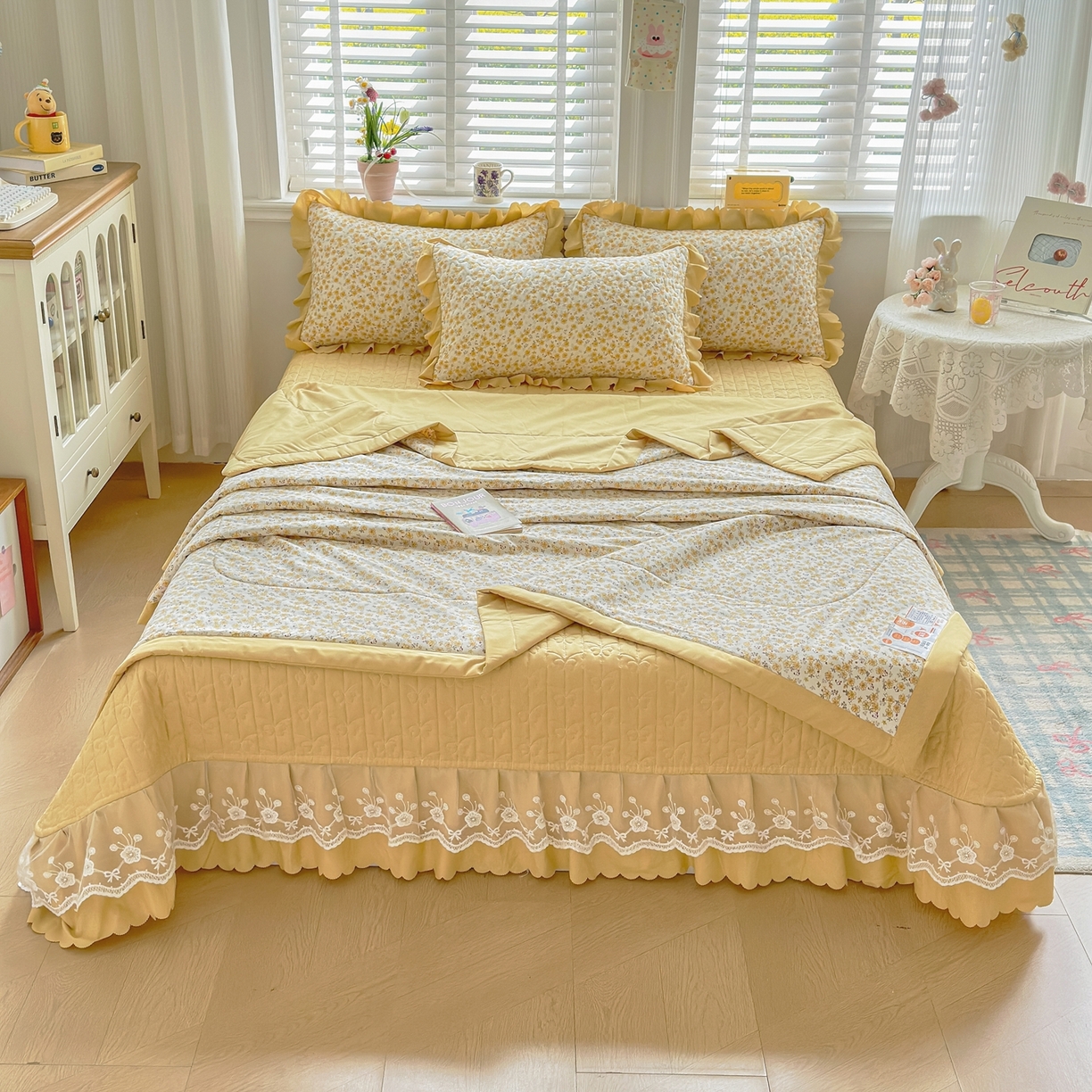 91家纺网 家纺一手货源 找家纺 雅眠居 2026新款直播爆款古法仿棉双层蕾丝花边床盖四件套 AB版-小时光