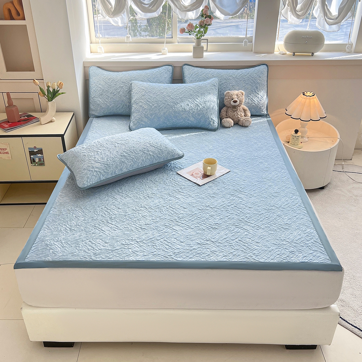 91家纺网 家纺一手货源 找家纺 能好家纺 2026新款高分子pe冰豆豆凉席床席款 轻奢蓝