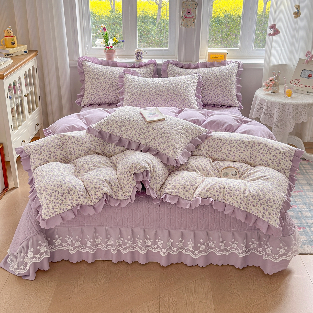 91家纺网 家纺一手货源 找家纺 雅眠居 2026新款直播爆款古法仿棉双层蕾丝花边床盖四件套 AB版-紫萱
