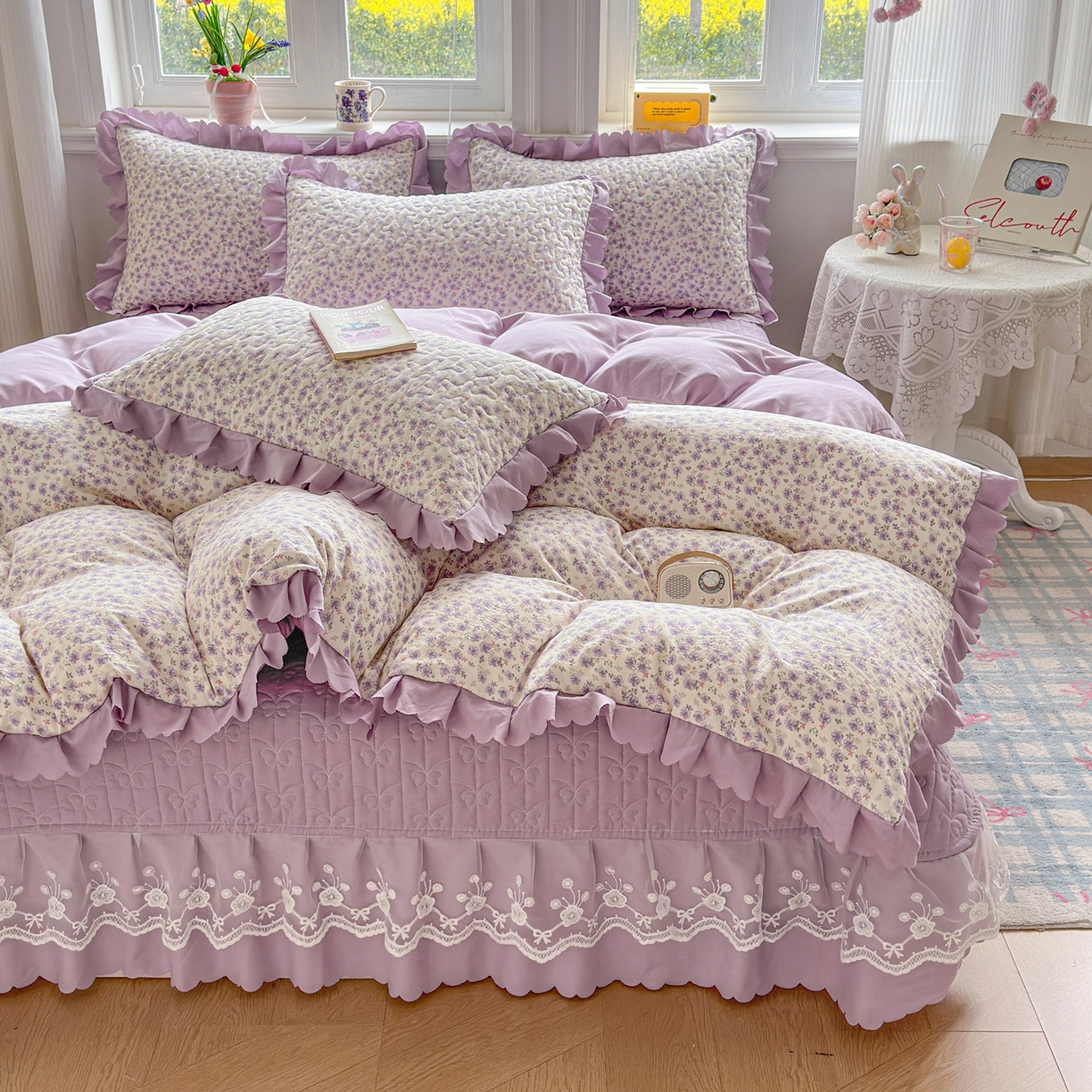 91家纺网 家纺一手货源 找家纺 雅眠居 2026新款直播爆款古法仿棉双层蕾丝花边床盖四件套 AB版-紫萱