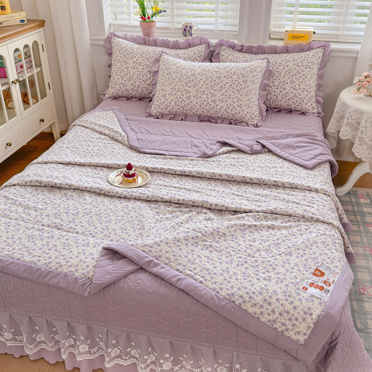 91家纺网 家纺一手货源 找家纺 雅眠居 2026新款直播爆款古法仿棉双层蕾丝花边床盖四件套 AB版-紫萱