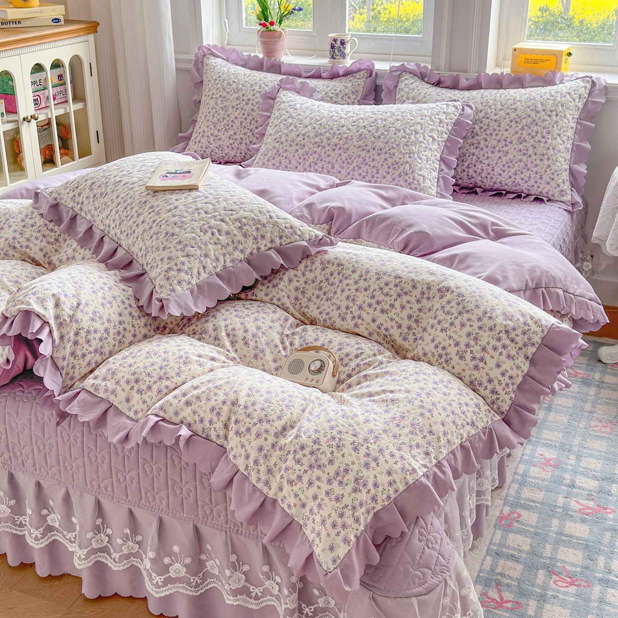 91家纺网 家纺一手货源 找家纺 雅眠居 2026新款直播爆款古法仿棉双层蕾丝花边床盖四件套 AB版-紫萱,AB版-紫萱