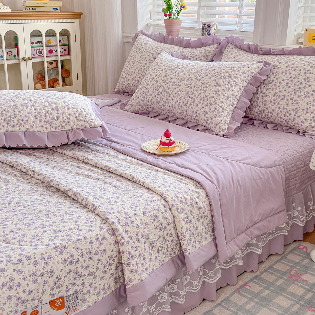 91家纺网 家纺一手货源 找家纺 雅眠居 2026新款直播爆款古法仿棉双层蕾丝花边床盖四件套 AB版-紫萱