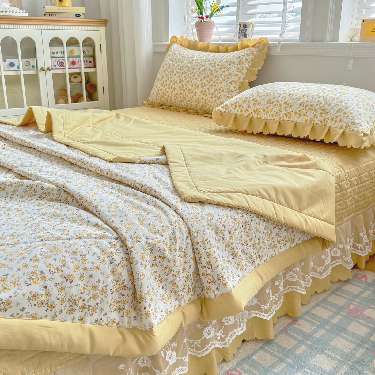 91家纺网 家纺一手货源 找家纺 雅眠居 2026新款直播爆款古法仿棉双层蕾丝花边床盖四件套 AB版-小时光