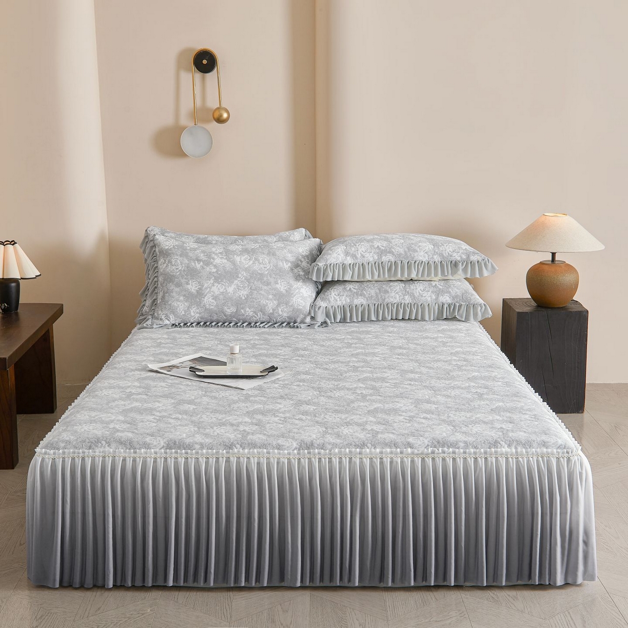 91家纺网 家纺一手货源 找家纺 喜梦缘家纺 2026新款PE冰豆豆冰丝床裙款凉席席子-玫瑰系列 灰玫瑰