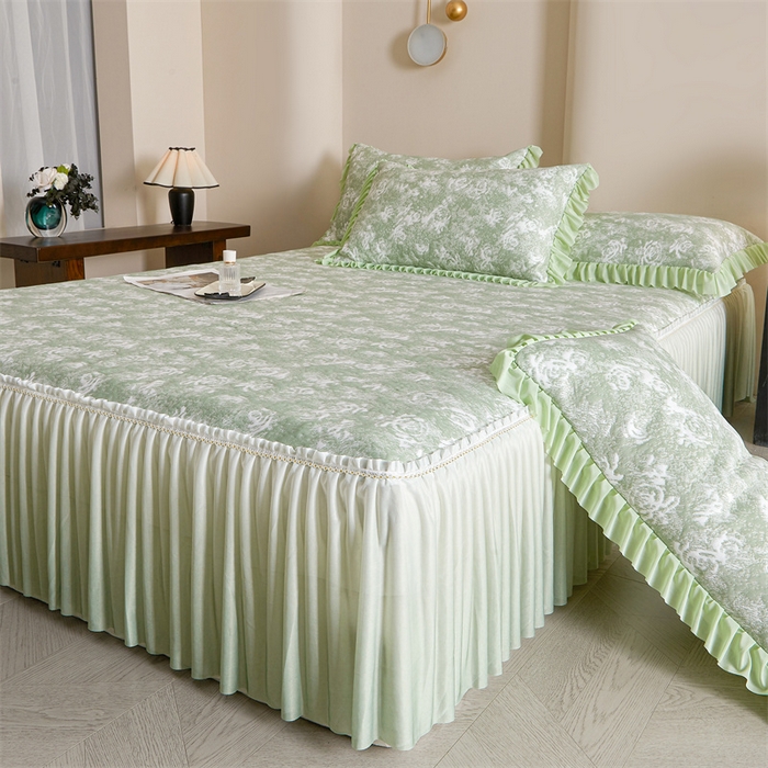 喜梦缘家纺 2026新款PE冰豆豆冰丝床裙款凉席席子-玫瑰系列 绿玫瑰