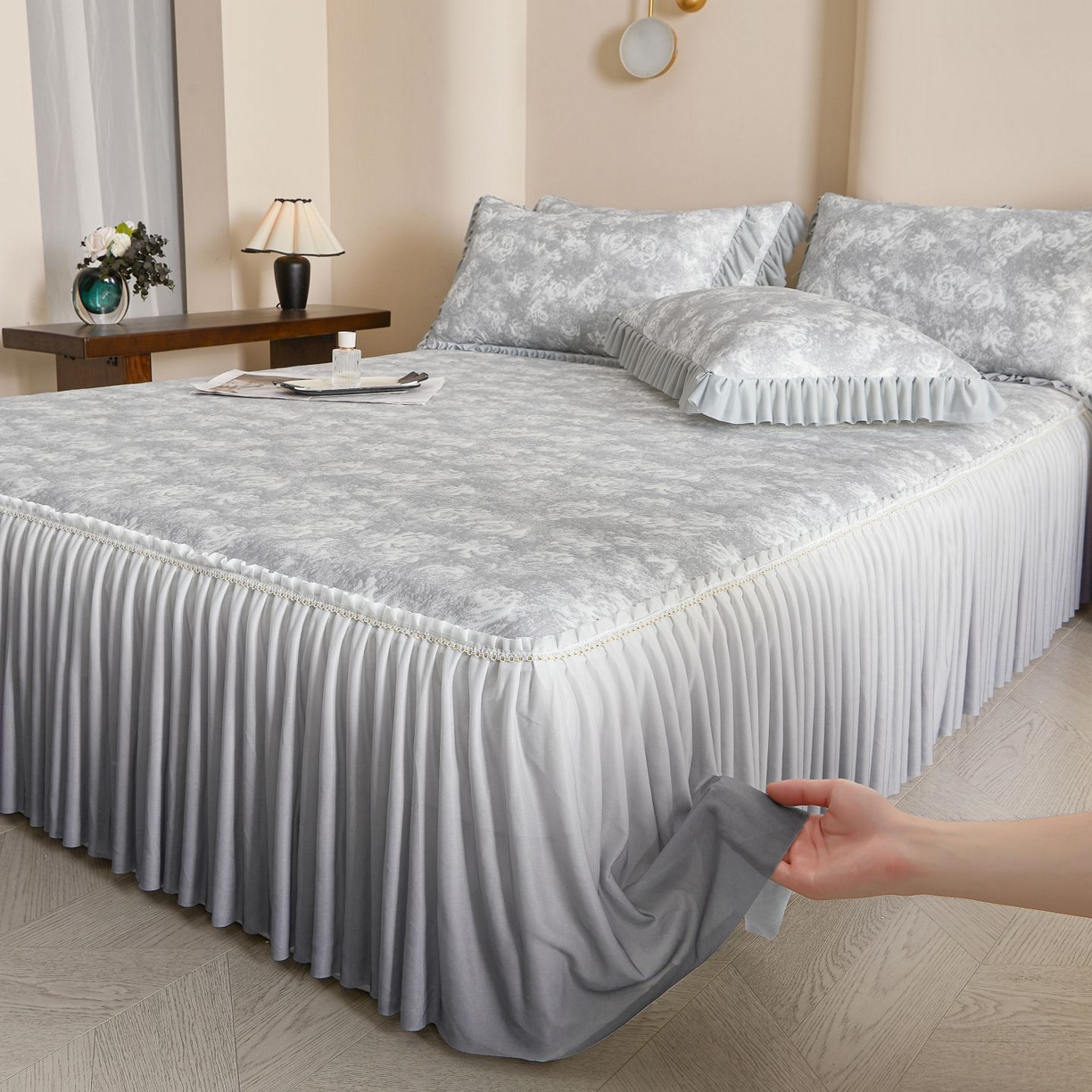 91家纺网 家纺一手货源 找家纺 喜梦缘家纺 2026新款PE冰豆豆冰丝床裙款凉席席子-玫瑰系列 灰玫瑰