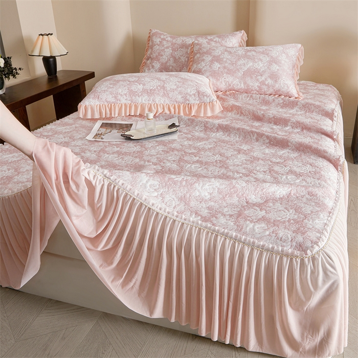 91家纺网 家纺一手货源 找家纺 喜梦缘家纺 2026新款PE冰豆豆冰丝床裙款凉席席子-玫瑰系列 红玫瑰