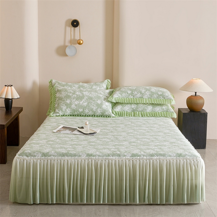 91家纺网 家纺一手货源 找家纺 喜梦缘家纺 2026新款PE冰豆豆冰丝床裙款凉席席子-玫瑰系列 绿玫瑰