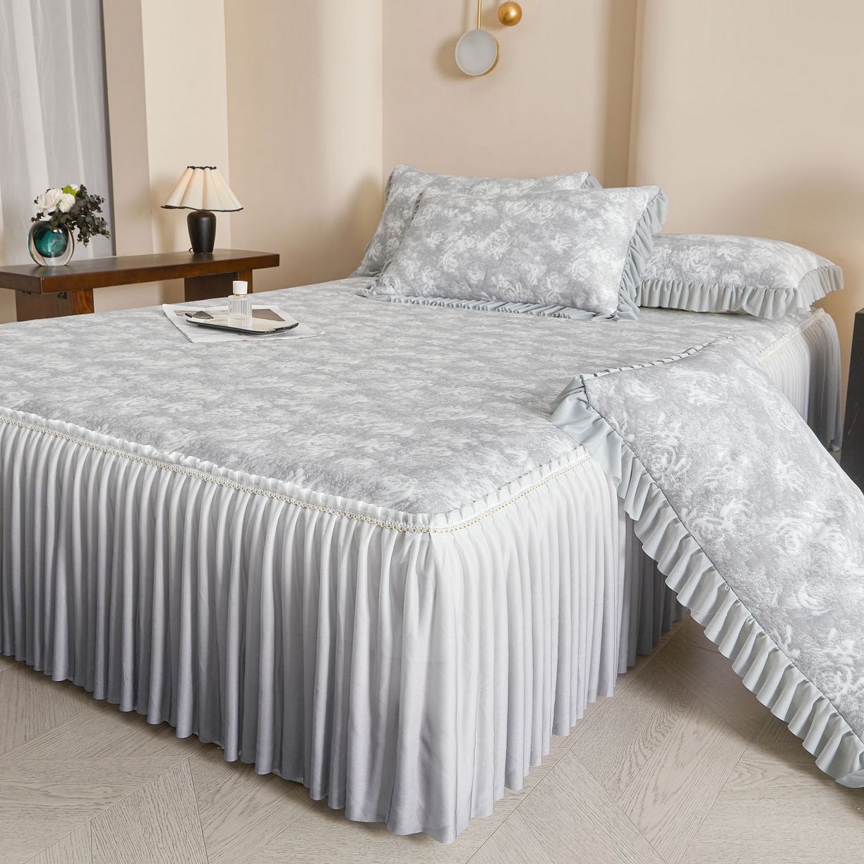 喜梦缘家纺 2026新款PE冰豆豆冰丝床裙款凉席席子-玫瑰系列 灰玫瑰