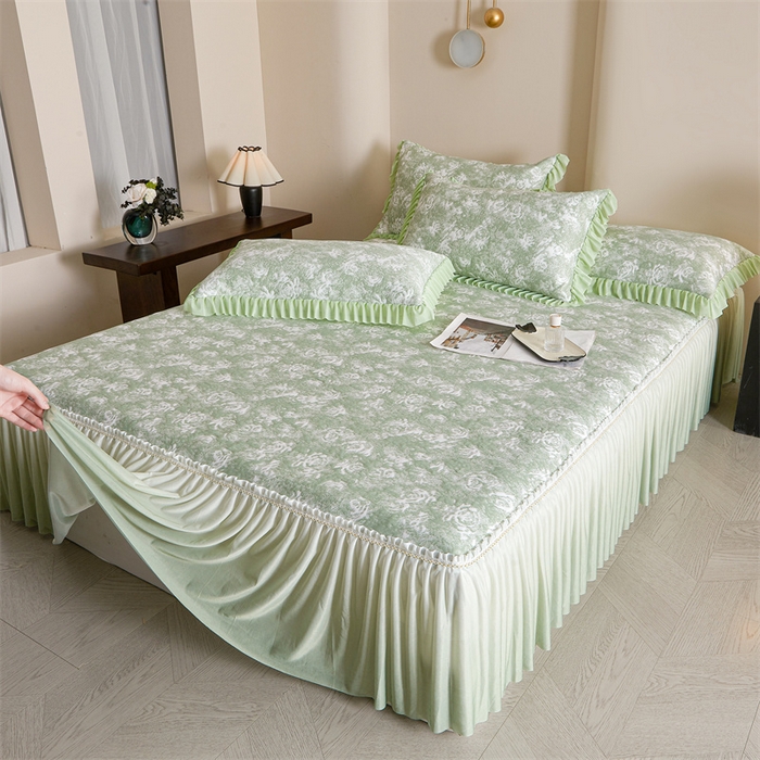 91家纺网 家纺一手货源 找家纺 喜梦缘家纺 2026新款PE冰豆豆冰丝床裙款凉席席子-玫瑰系列 绿玫瑰