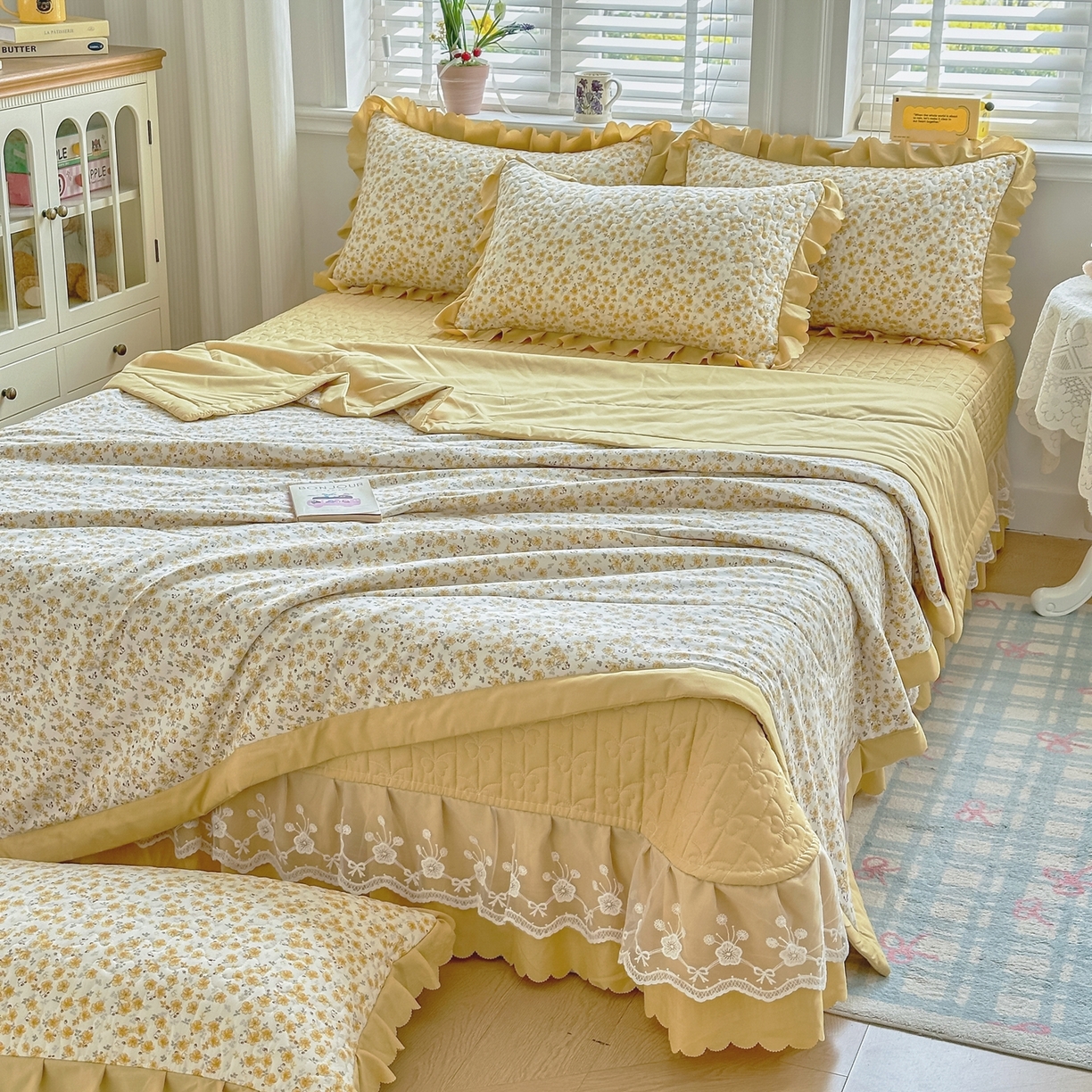 91家纺网 家纺一手货源 找家纺 雅眠居 2026新款直播爆款古法仿棉双层蕾丝花边床盖四件套 AB版-小时光