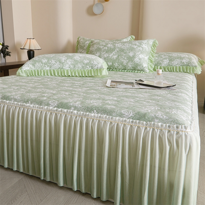 91家纺网 家纺一手货源 找家纺 喜梦缘家纺 2026新款PE冰豆豆冰丝床裙款凉席席子-玫瑰系列 绿玫瑰