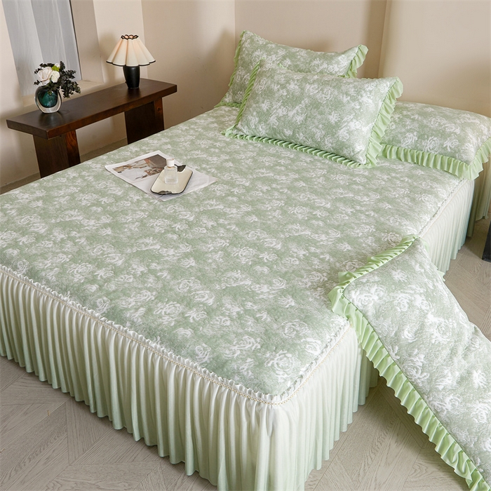 91家纺网 家纺一手货源 找家纺 喜梦缘家纺 2026新款PE冰豆豆冰丝床裙款凉席席子-玫瑰系列 绿玫瑰
