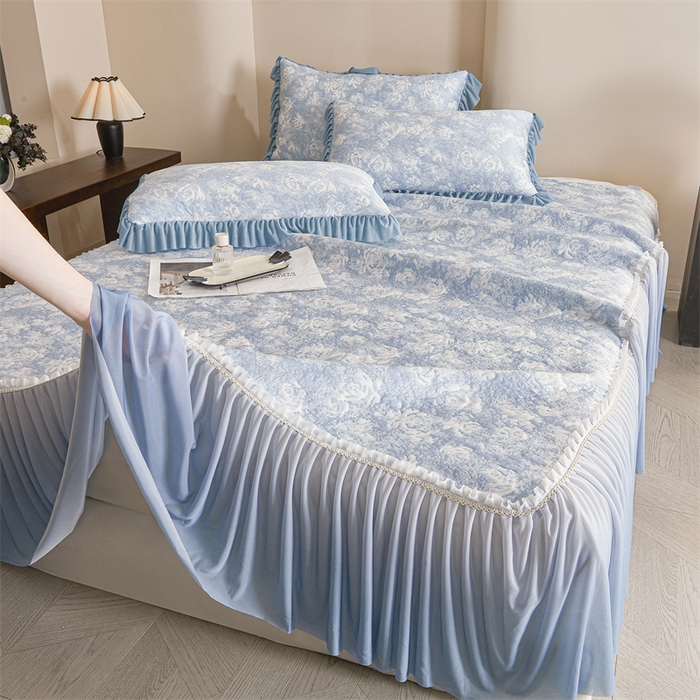 91家纺网 家纺一手货源 找家纺 喜梦缘家纺 2026新款PE冰豆豆冰丝床裙款凉席席子-玫瑰系列 蓝玫瑰