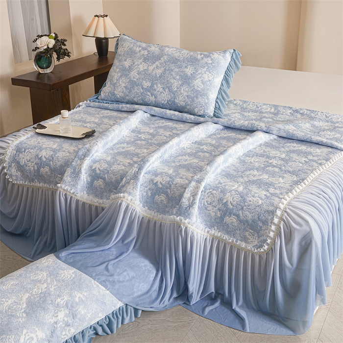 91家纺网 家纺一手货源 找家纺 喜梦缘家纺 2026新款PE冰豆豆冰丝床裙款凉席席子-玫瑰系列 蓝玫瑰