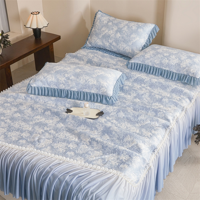 91家纺网 家纺一手货源 找家纺 喜梦缘家纺 2026新款PE冰豆豆冰丝床裙款凉席席子-玫瑰系列 蓝玫瑰